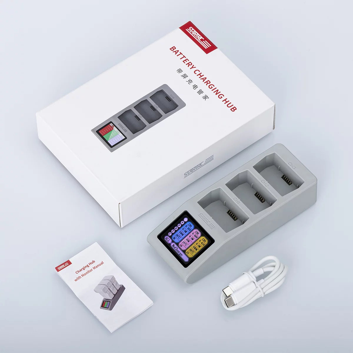 Package contents: LCD charging hub, USB-C cable, and user manual.