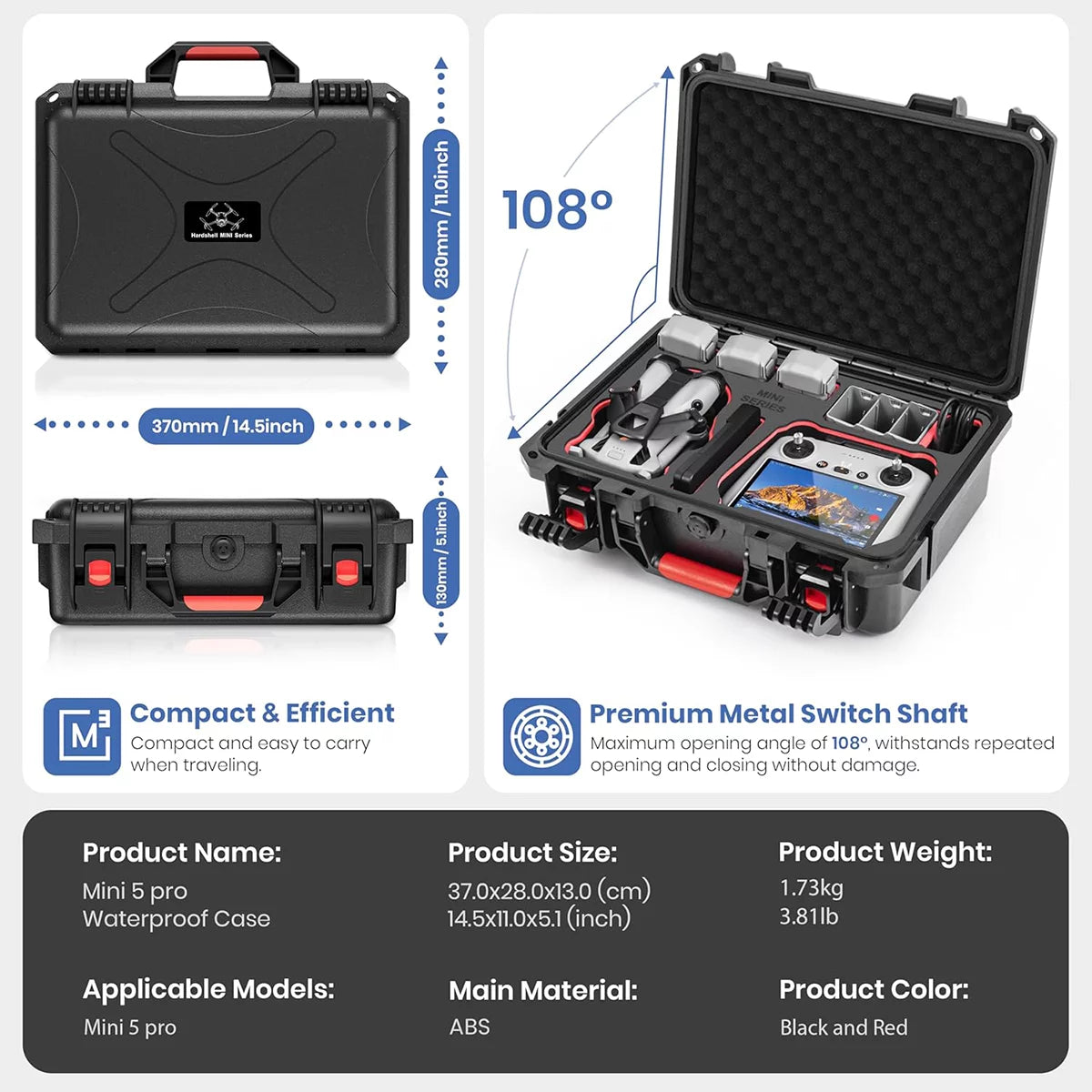 Package contents: Waterproof hard case and adjustable shoulder strap for DJI Mini 5 Pro.