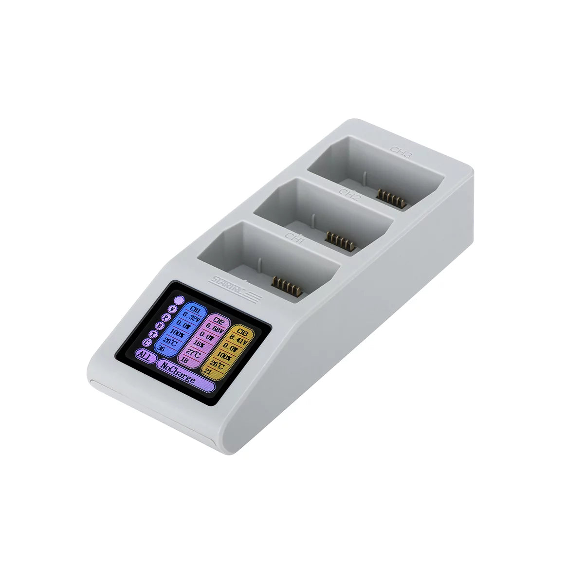 STARTRC 3-channel digital LCD charging hub for DJI Mini 5 Pro batteries.