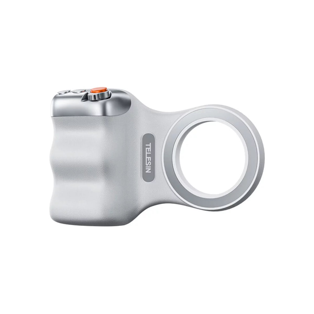 Classic White TELESIN magnetic smartphone camera handle grip with ergonomic PalmR45 design.