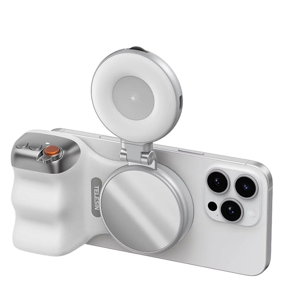 AeroFocus TELESIN vlogging kit: White magnetic phone grip bundled with professional LED fill light.