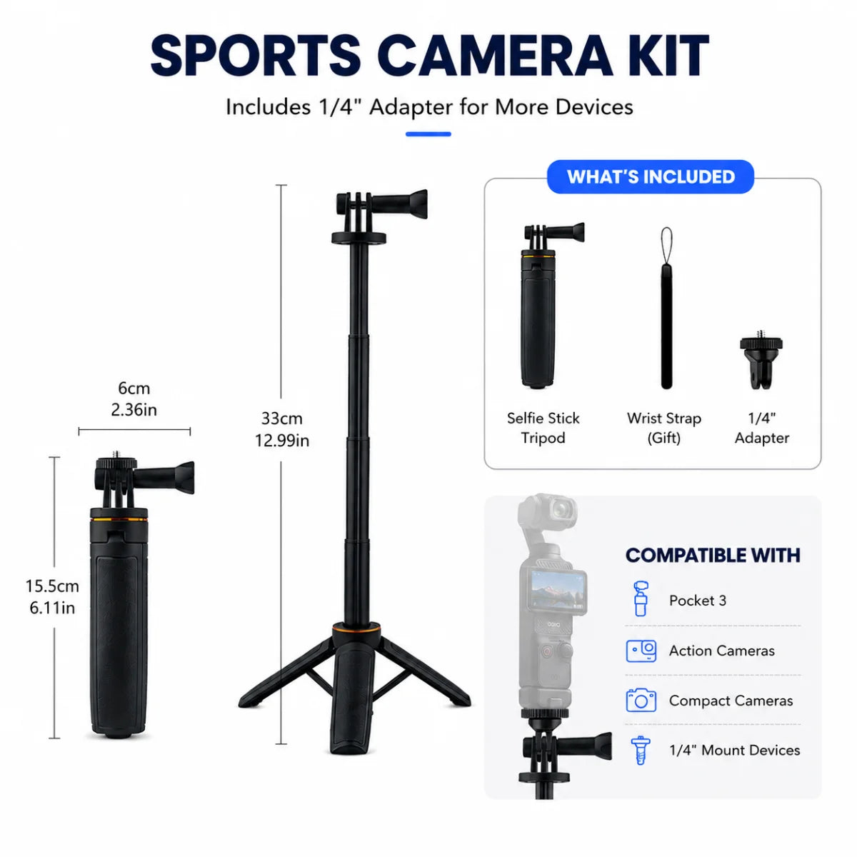Mini selfie stick tripod with camera adapter