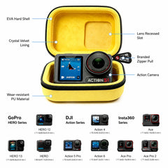 Universal action camera carrying case compatible with DJI Action Insta360 Ace and GoPro HERO cameras