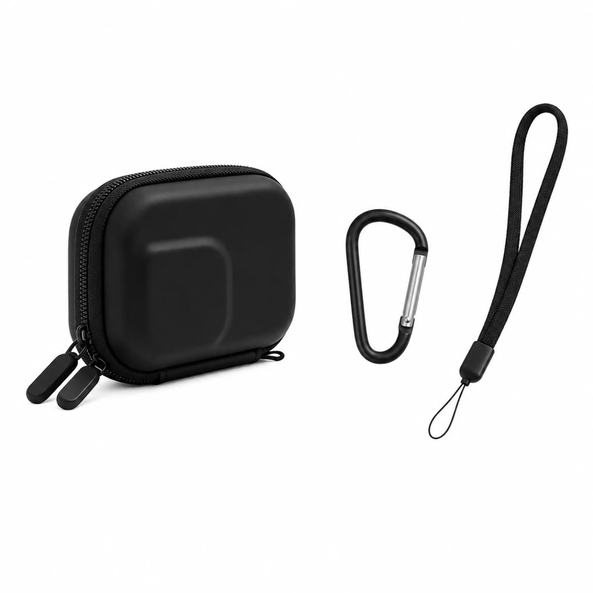 Universal action camera carrying case package contents with carabiner and lanyard