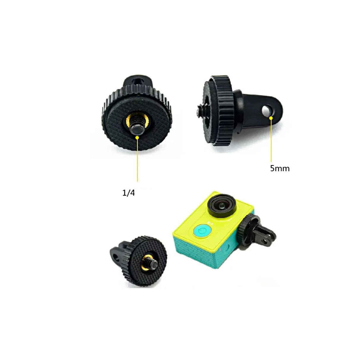 Classic 1/4 adapter connected to an action camera for vlogging setup.