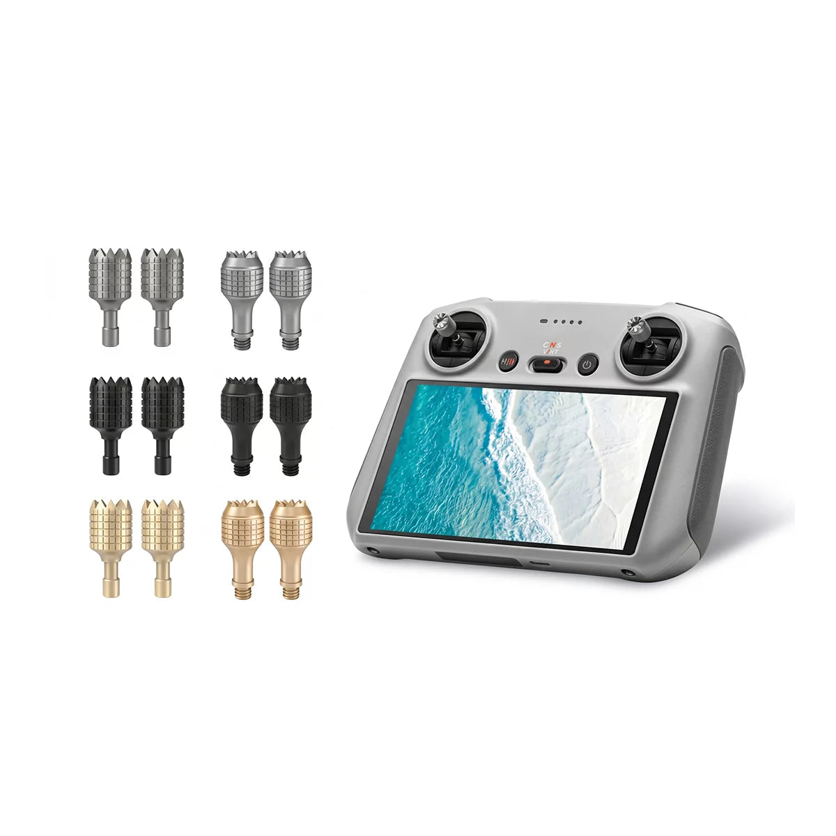 Universal aluminum alloy thumb sticks for DJI RC, RC2, and RC-N series controllers.
